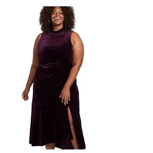 Lane Bryant Dress 14/16 Purple Velvet Gathered Front Sleeveless Stretch Wedding